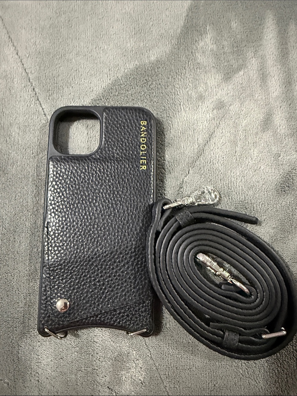 Bandolier Black Leather Crossbody iPhone 13 Case with Strap